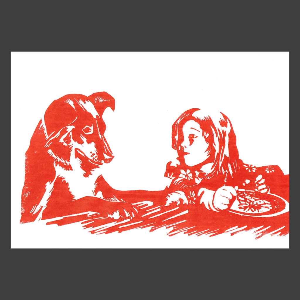 Linogravure chien fillette